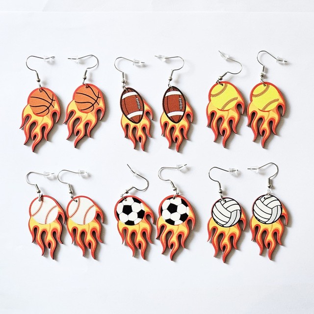 2023 Flame Football Wooden Ball Sports Earrings for Women Funny